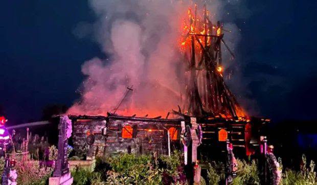 The wooden church in Posta destroyed by fire